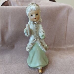 Vintage Antique Napco GirlHolding Candle Figurine W/Gold Sugar Trim